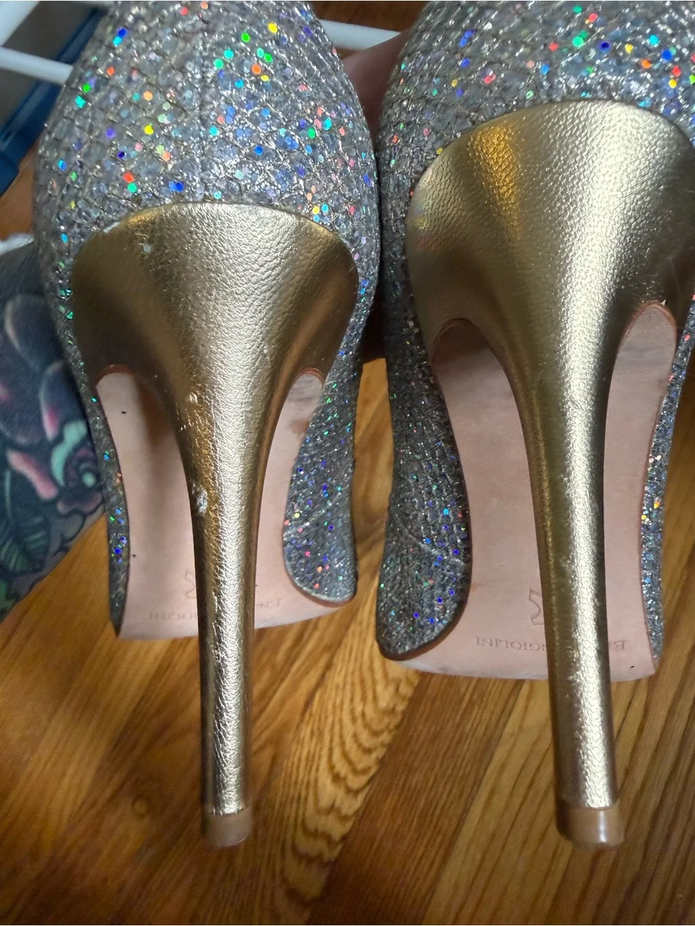 Enzo Angiolini Silver Glitter Open-Toe Pumps
